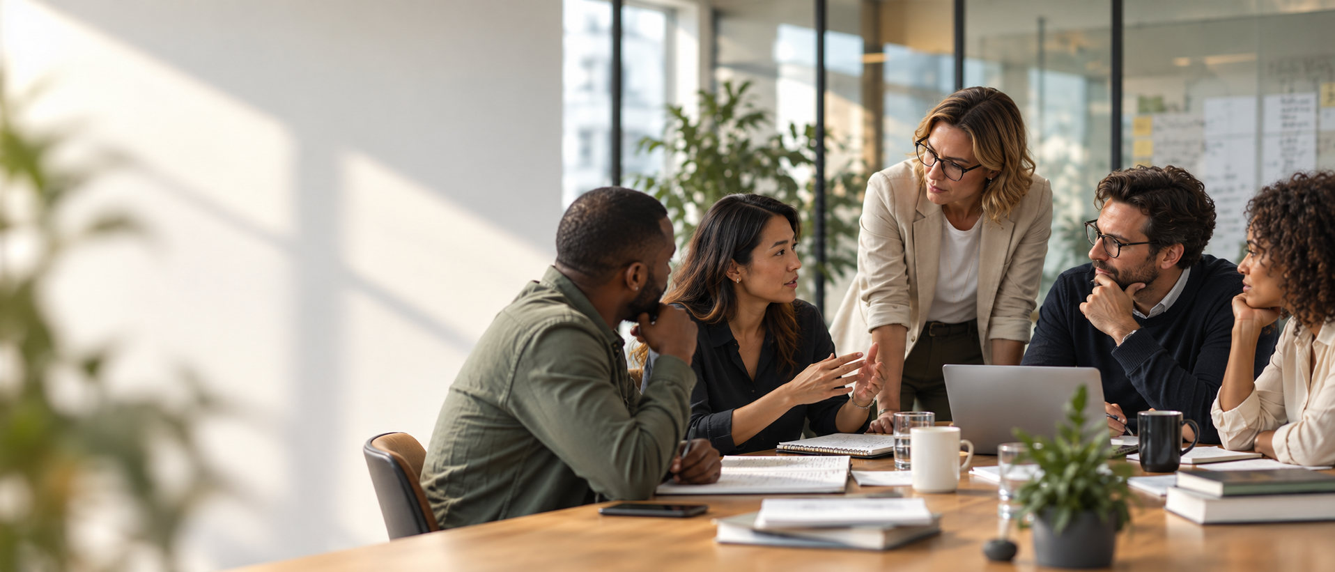 A leadership team having a candid, thoughtful conversation together in a bright meeting room